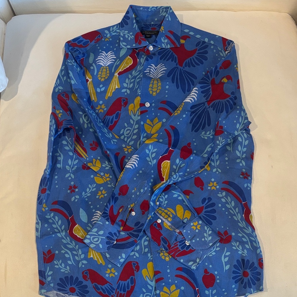 Paul Stuart Blue Shirt with Parrot and Floral Design